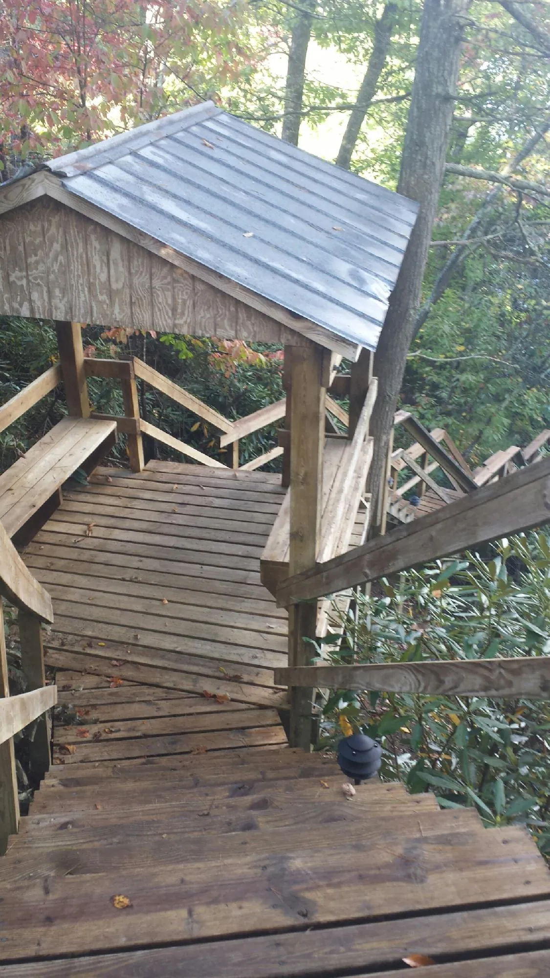 Metal roofed shelter over wooden steps on a wooded walkway — Skylight Repair & Installation work by our crew in Clawson